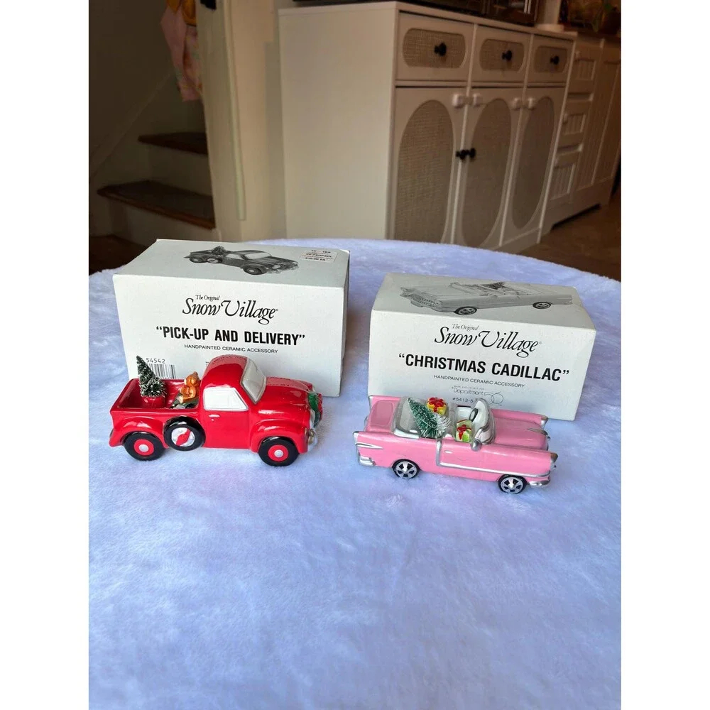 Vintage Department 56 Snow Village | Hand Painted Ceramic Pick-Up & Cadillac